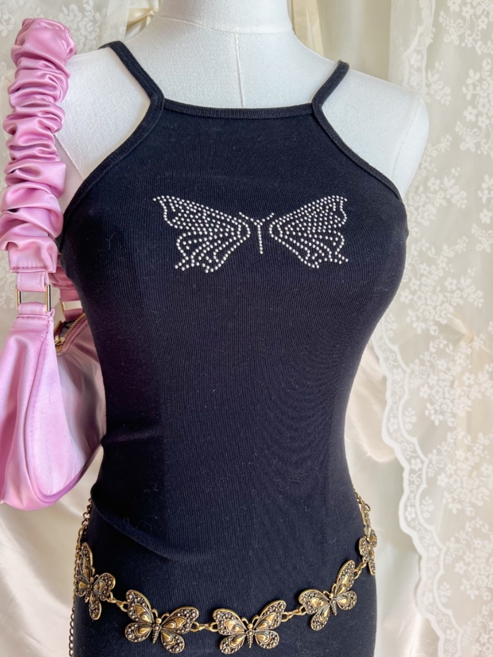 Black Mini Dress Butterfly Rhinestone Y2K Coquette Bodycon - Picture 2 of 6